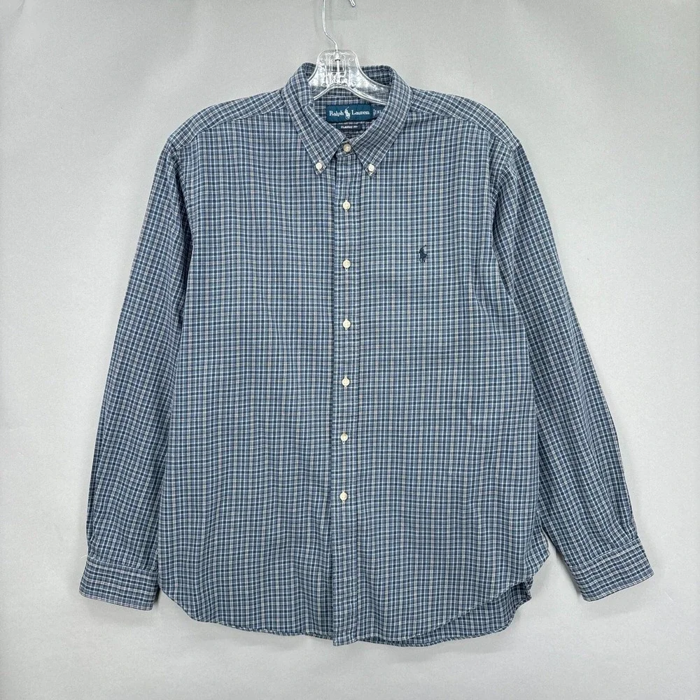 Ralph Lauren Shirt Mens XL Blue Plaid Button Down Long Sleeve 90s Vintage
